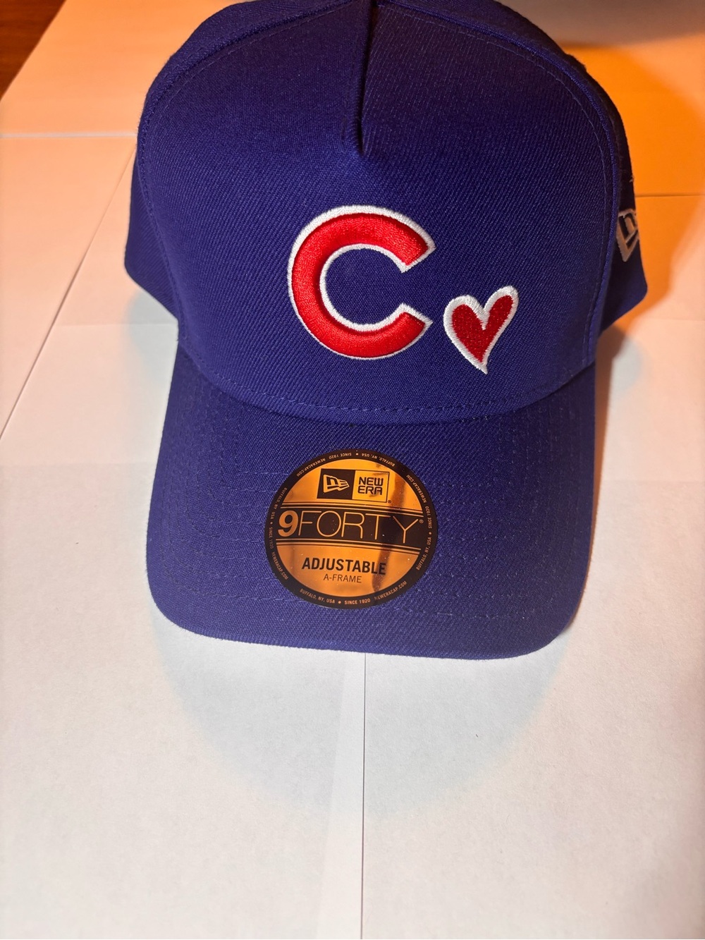 CUBS HAT. New Era Royal Blue 9FORTY Cap with Red 'C' and Heart Accent